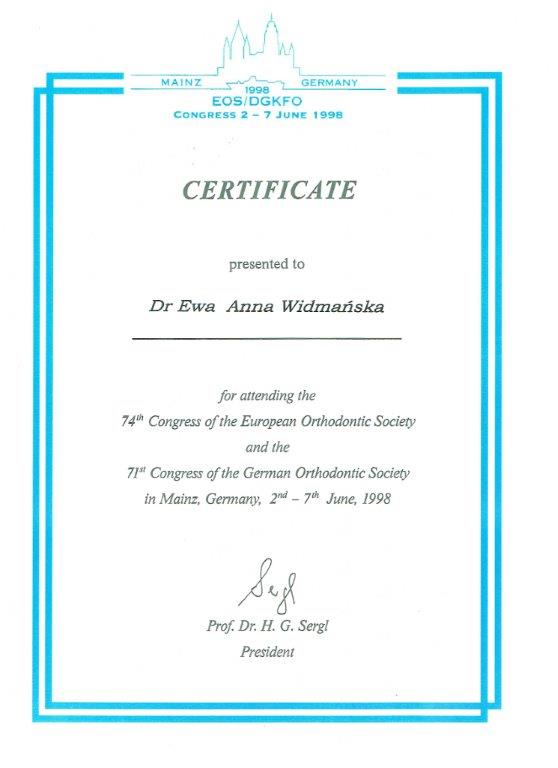 Certificate - Dr Anna Widmańska–Grzywaczewska